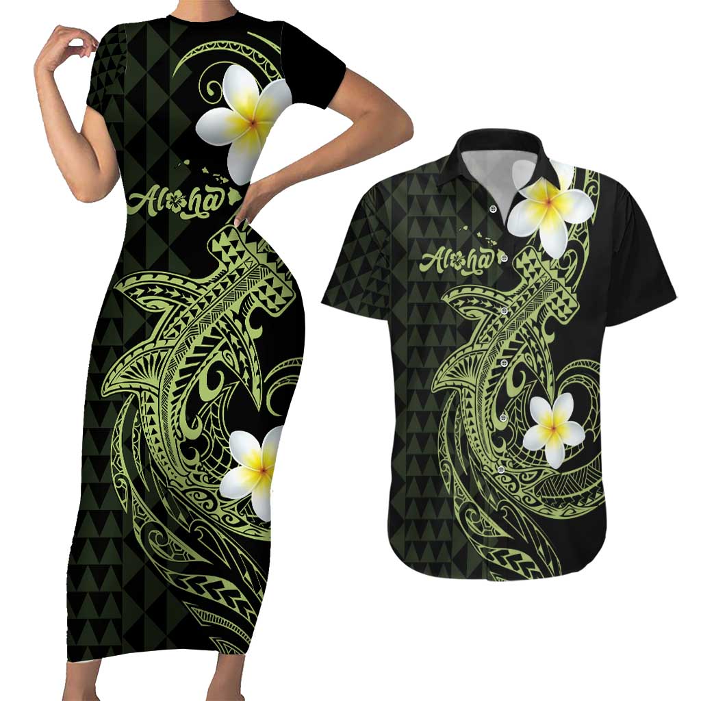 Aloha Hammerhead Shark Couples Matching Short Sleeve Bodycon Dress and Hawaiian Shirt Lime Rickey Hawaiian Kakau Tribal Tattoo LT9 Lime - Polynesian Pride