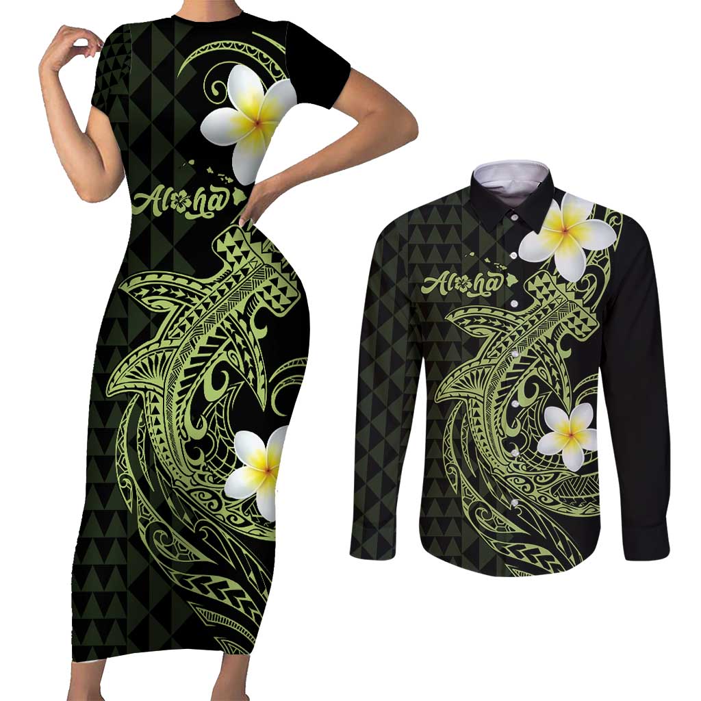 Aloha Hammerhead Shark Couples Matching Short Sleeve Bodycon Dress and Long Sleeve Button Shirt Lime Rickey Hawaiian Kakau Tribal Tattoo LT9 Lime - Polynesian Pride