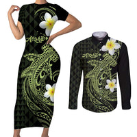 Aloha Hammerhead Shark Couples Matching Short Sleeve Bodycon Dress and Long Sleeve Button Shirt Lime Rickey Hawaiian Kakau Tribal Tattoo LT9 Lime - Polynesian Pride