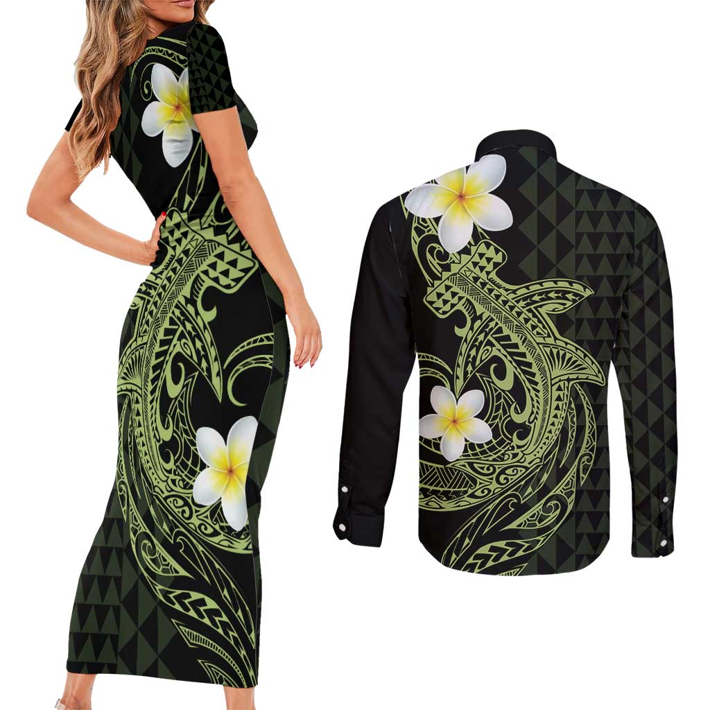 Aloha Hammerhead Shark Couples Matching Short Sleeve Bodycon Dress and Long Sleeve Button Shirt Lime Rickey Hawaiian Kakau Tribal Tattoo LT9 - Polynesian Pride