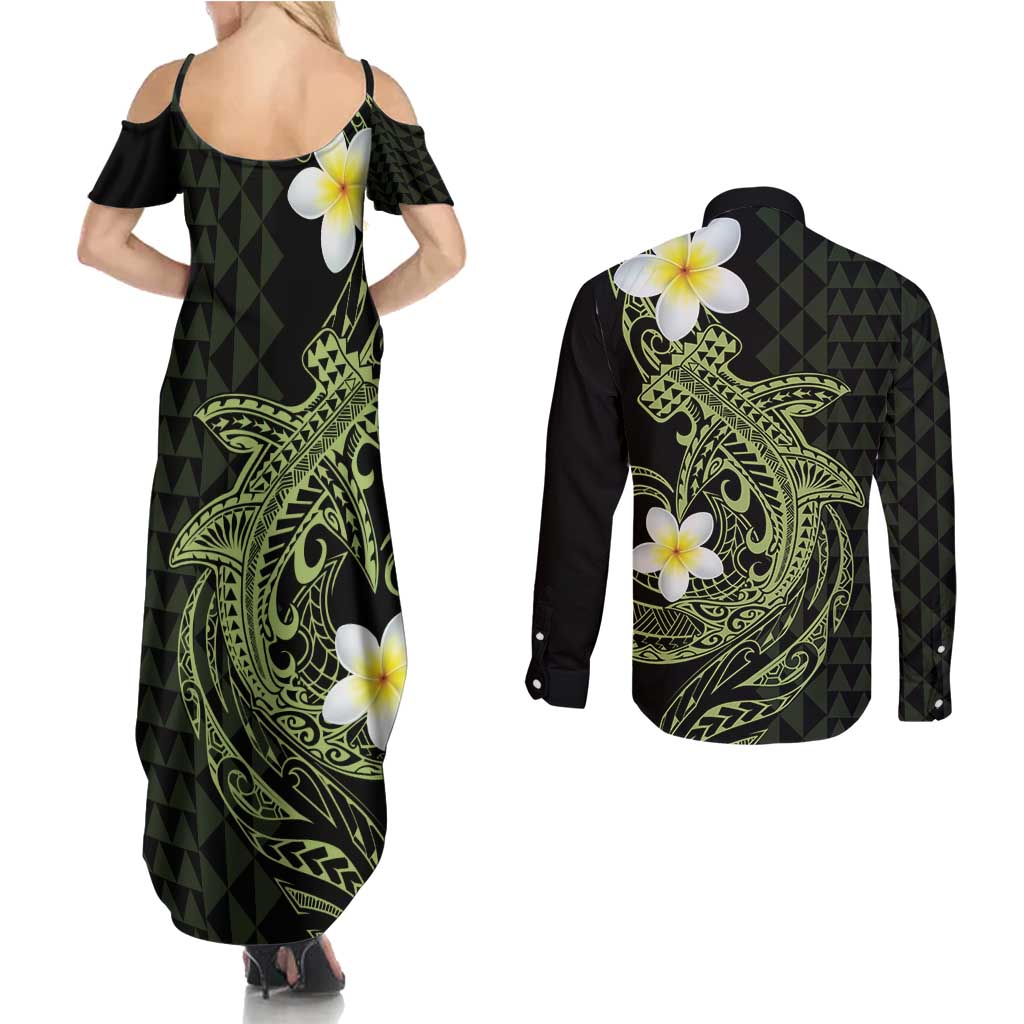 Aloha Hammerhead Shark Couples Matching Summer Maxi Dress and Long Sleeve Button Shirt Lime Rickey Hawaiian Kakau Tribal Tattoo LT9 - Polynesian Pride