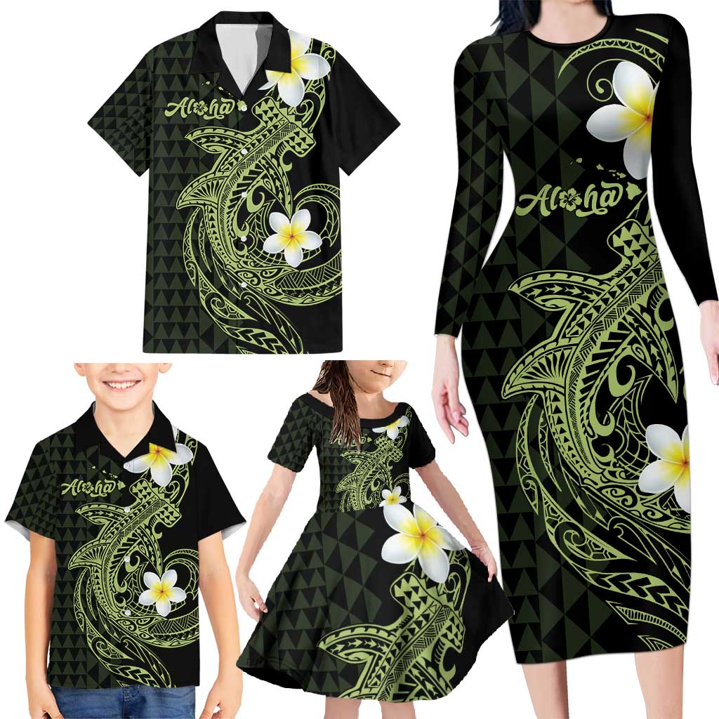 Aloha Hammerhead Shark Family Matching Long Sleeve Bodycon Dress and Hawaiian Shirt Lime Rickey Hawaiian Kakau Tribal Tattoo LT9 - Polynesian Pride