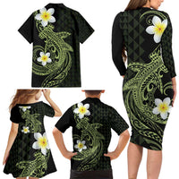Aloha Hammerhead Shark Family Matching Long Sleeve Bodycon Dress and Hawaiian Shirt Lime Rickey Hawaiian Kakau Tribal Tattoo LT9 - Polynesian Pride