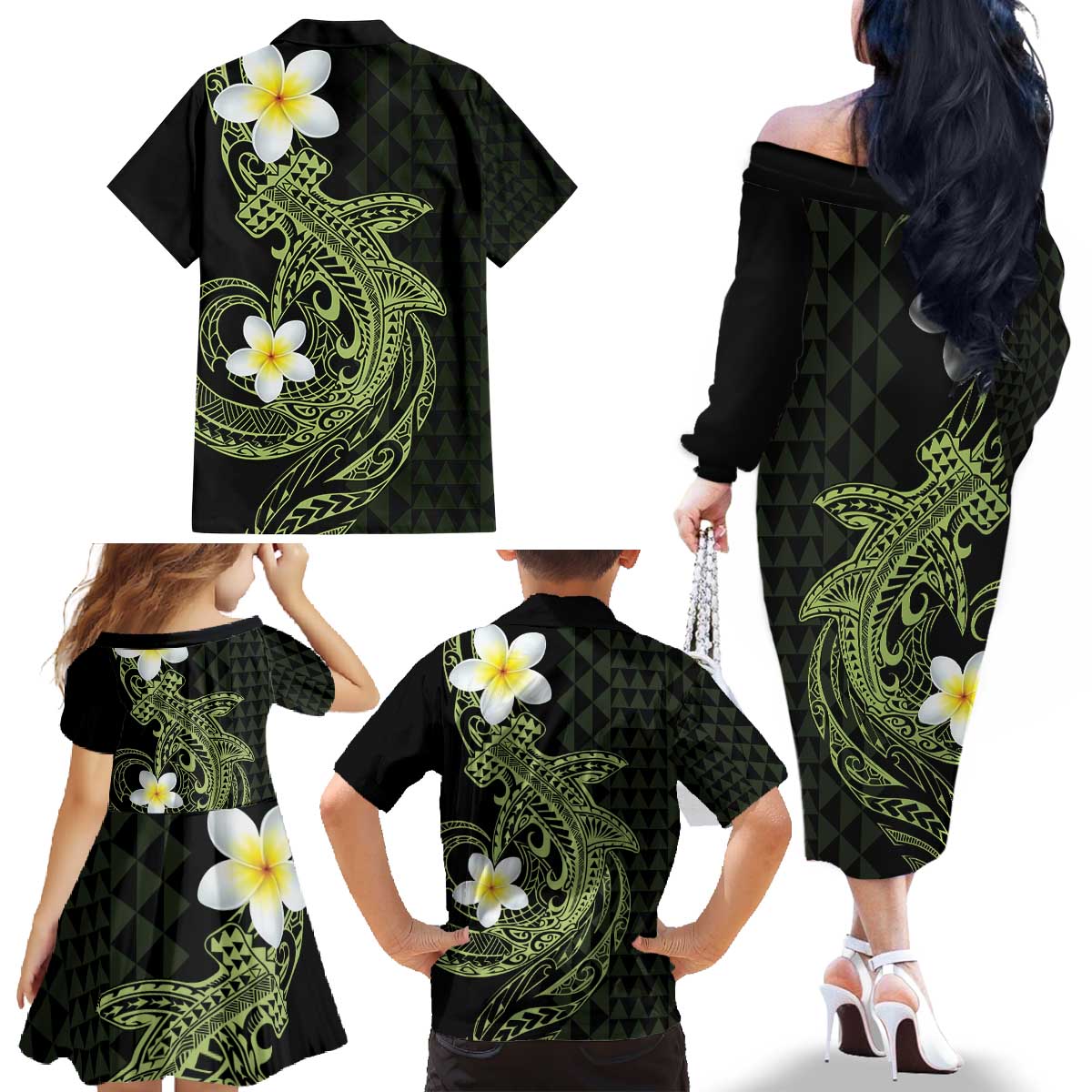 Aloha Hammerhead Shark Family Matching Off The Shoulder Long Sleeve Dress and Hawaiian Shirt Lime Rickey Hawaiian Kakau Tribal Tattoo LT9 - Polynesian Pride
