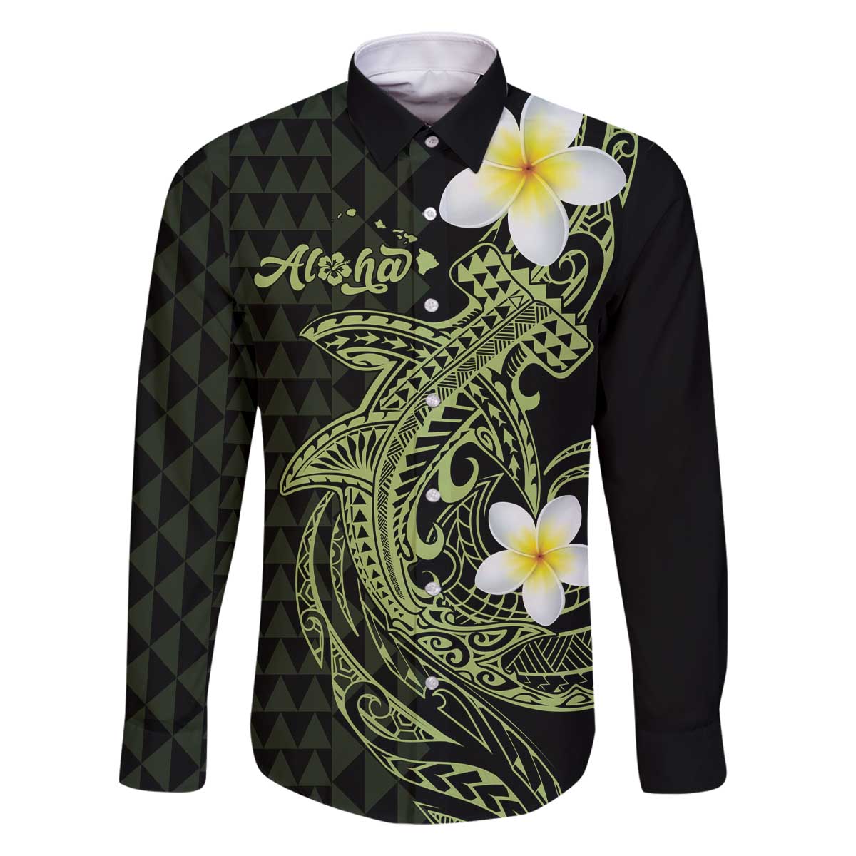 Aloha Hammerhead Shark Family Matching Off The Shoulder Long Sleeve Dress and Hawaiian Shirt Lime Rickey Hawaiian Kakau Tribal Tattoo LT9 Dad's Shirt - Long Sleeve Lime - Polynesian Pride