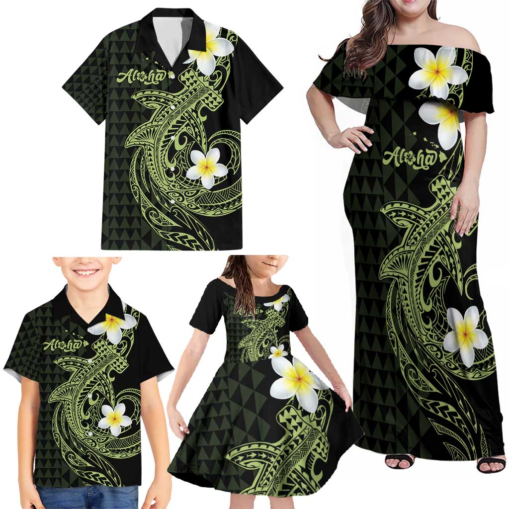 Aloha Hammerhead Shark Family Matching Off Shoulder Maxi Dress and Hawaiian Shirt Lime Rickey Hawaiian Kakau Tribal Tattoo LT9 - Polynesian Pride