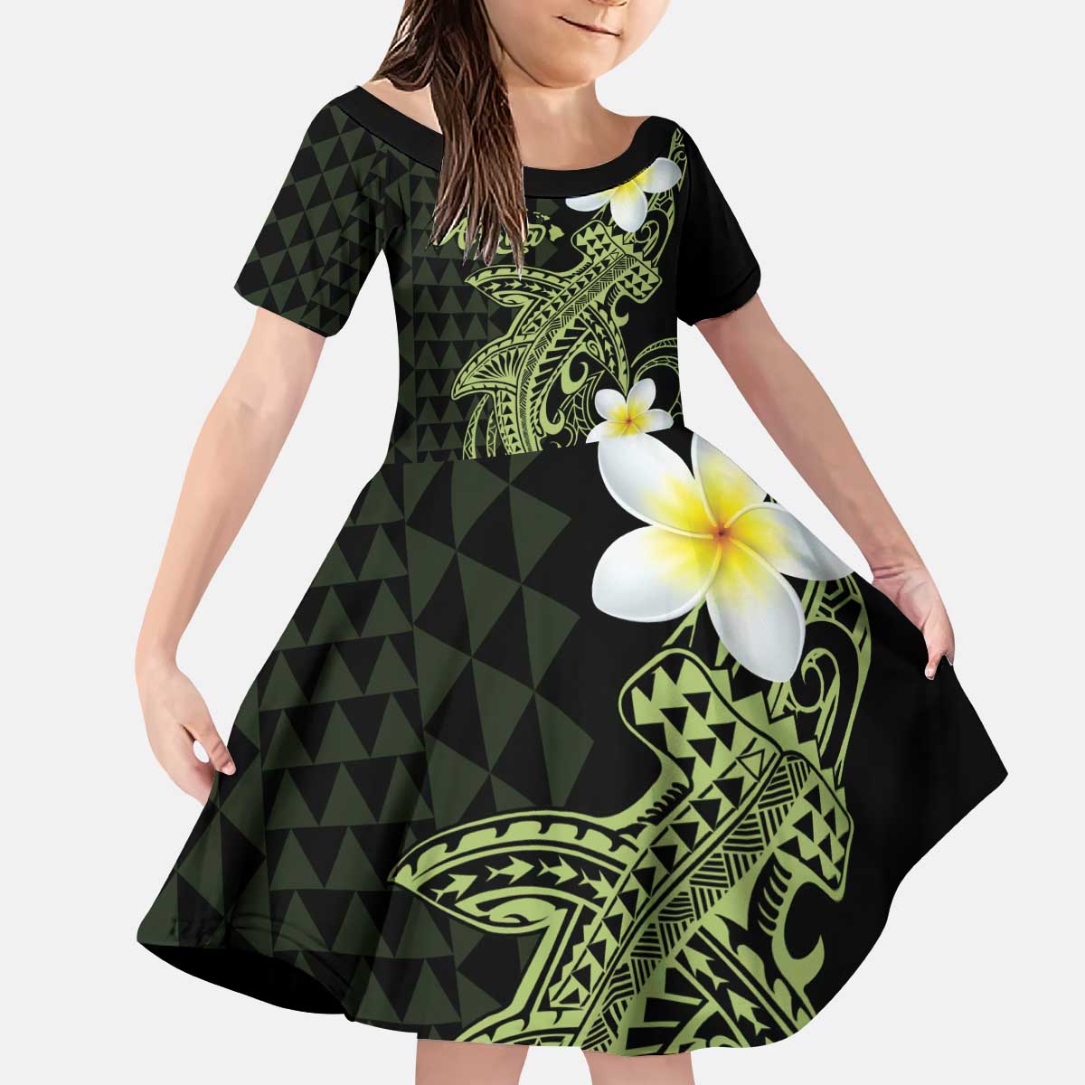 Aloha Hammerhead Shark Kid Short Sleeve Dress Lime Rickey Hawaiian Kakau Tribal Tattoo LT9 KID Lime - Polynesian Pride