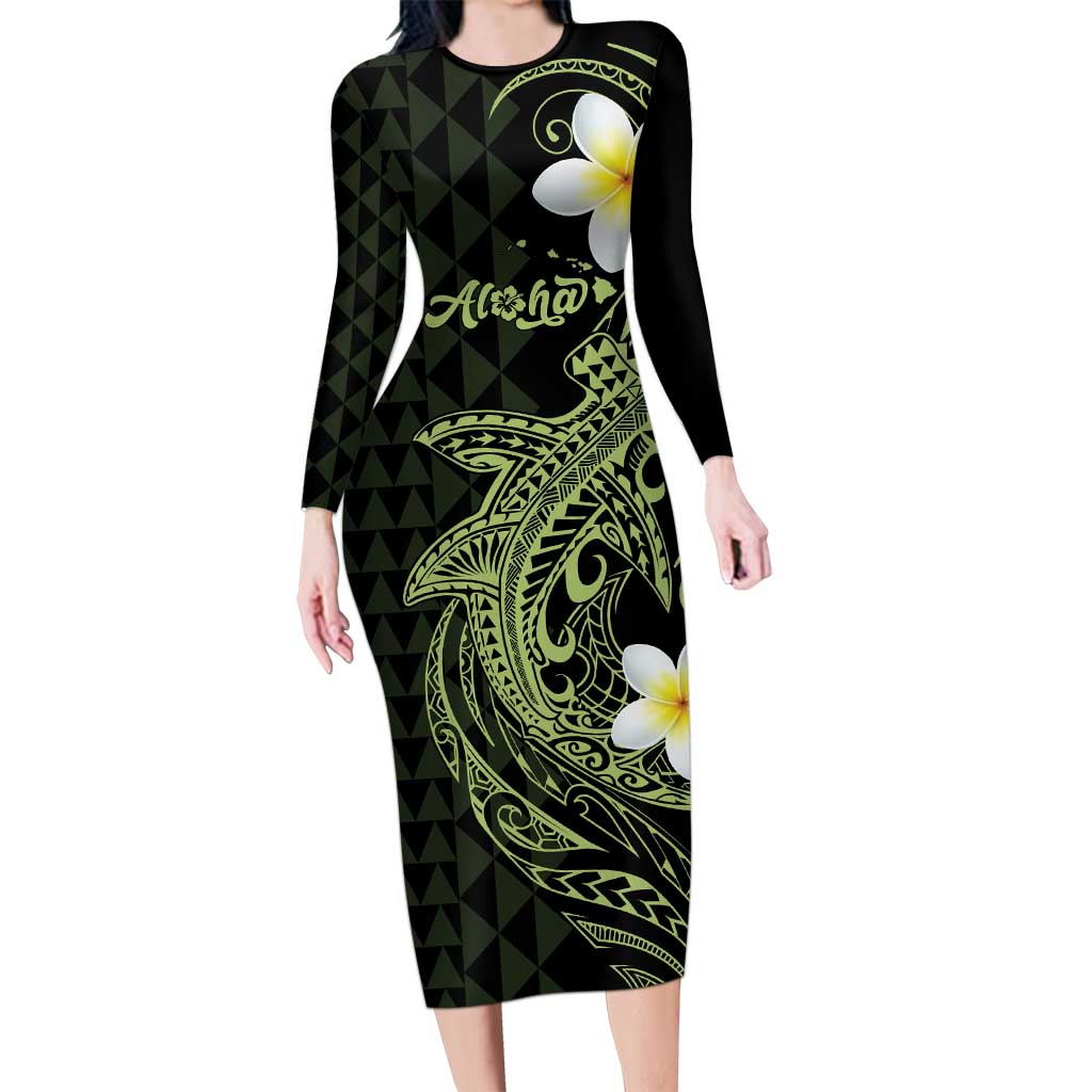 Aloha Hammerhead Shark Long Sleeve Bodycon Dress Lime Rickey Hawaiian Kakau Tribal Tattoo LT9 Long Dress Lime - Polynesian Pride