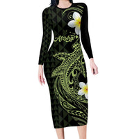 Aloha Hammerhead Shark Long Sleeve Bodycon Dress Lime Rickey Hawaiian Kakau Tribal Tattoo LT9 Long Dress Lime - Polynesian Pride
