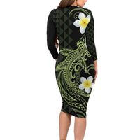 Aloha Hammerhead Shark Long Sleeve Bodycon Dress Lime Rickey Hawaiian Kakau Tribal Tattoo LT9 - Polynesian Pride