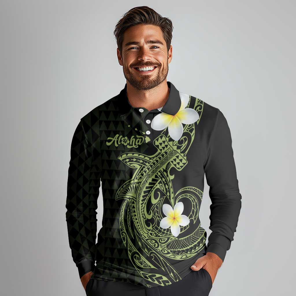 Aloha Hammerhead Shark Long Sleeve Polo Shirt Lime Rickey Hawaiian Kakau Tribal Tattoo LT9 - Polynesian Pride