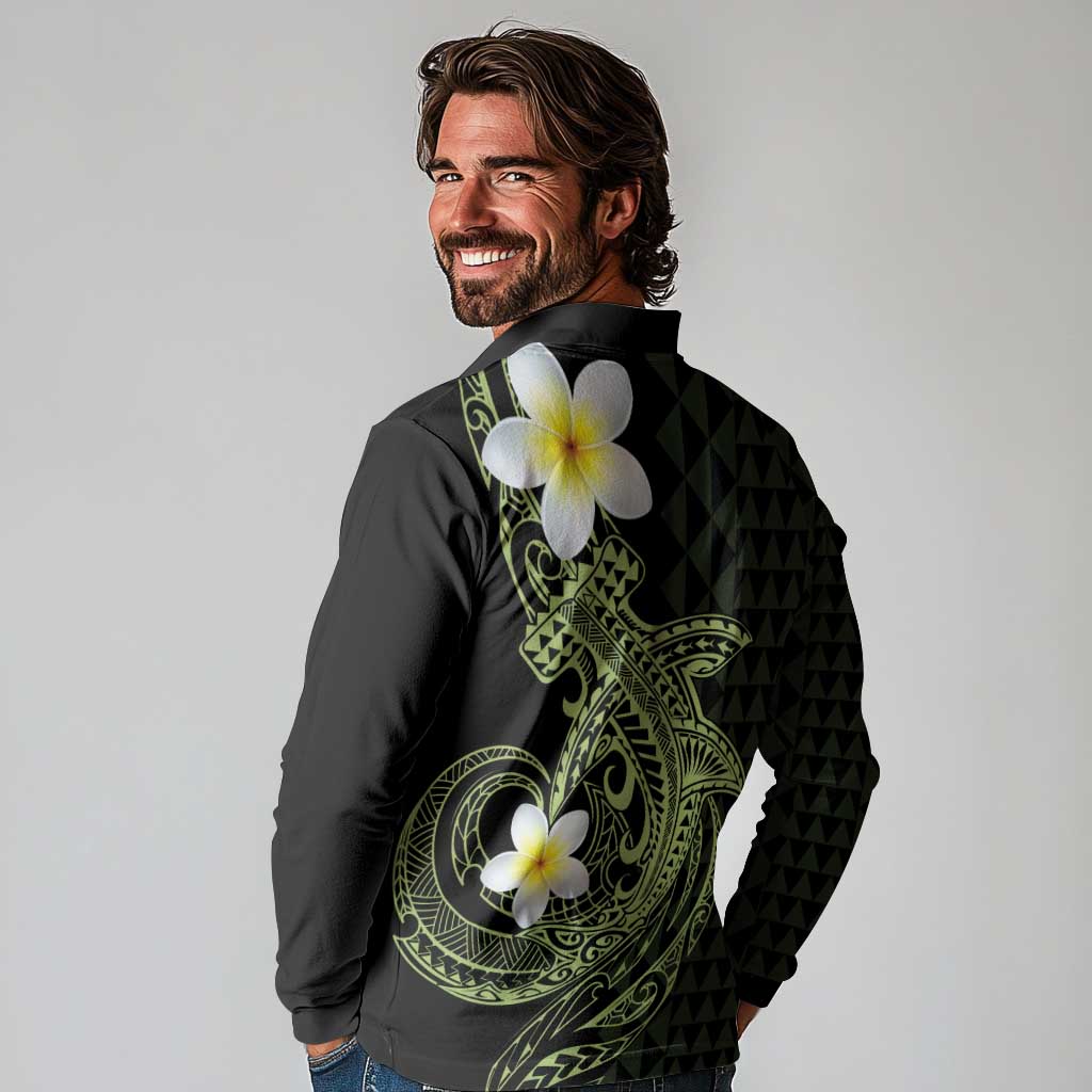 Aloha Hammerhead Shark Long Sleeve Polo Shirt Lime Rickey Hawaiian Kakau Tribal Tattoo LT9 - Polynesian Pride