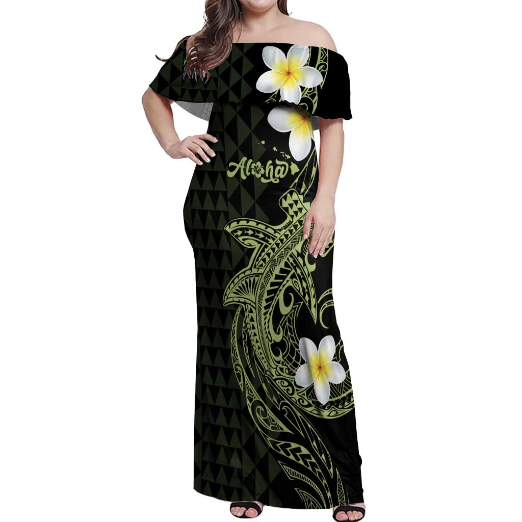 Aloha Hammerhead Shark Off Shoulder Maxi Dress Lime Rickey Hawaiian Kakau Tribal Tattoo LT9 Women Lime - Polynesian Pride