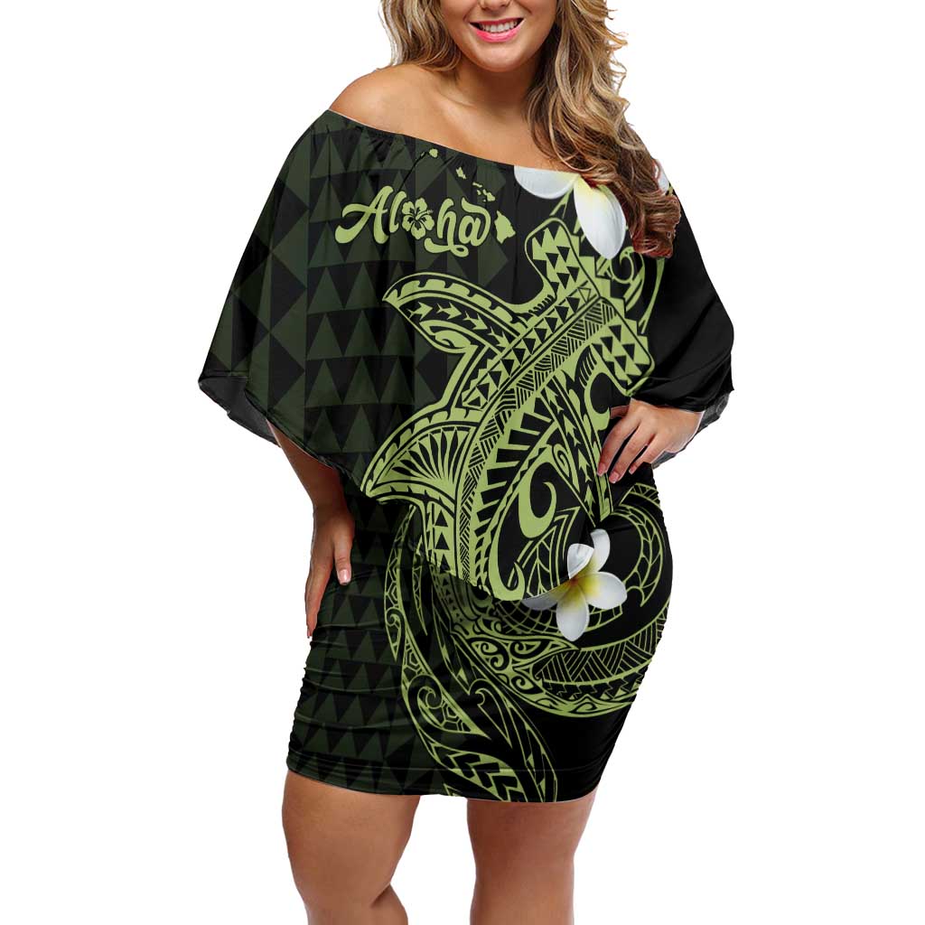 Aloha Hammerhead Shark Off Shoulder Short Dress Lime Rickey Hawaiian Kakau Tribal Tattoo LT9 Women Lime - Polynesian Pride