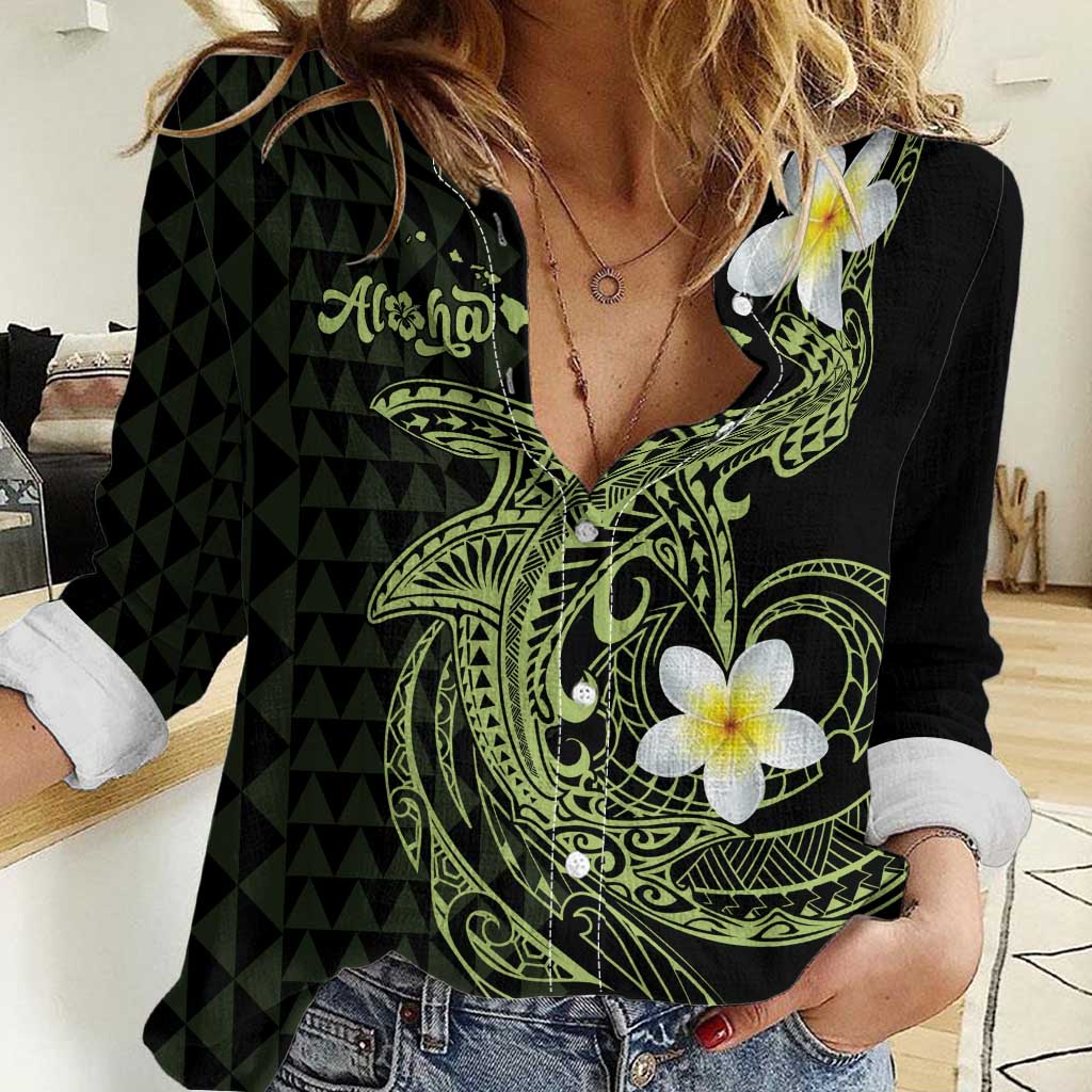 Aloha Hammerhead Shark Women Casual Shirt Lime Rickey Hawaiian Kakau Tribal Tattoo LT9 Female Lime - Polynesian Pride