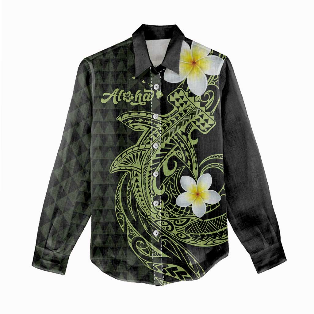 Aloha Hammerhead Shark Women Casual Shirt Lime Rickey Hawaiian Kakau Tribal Tattoo LT9 - Polynesian Pride