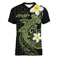 Aloha Hammerhead Shark Women V-Neck T-Shirt Lime Rickey Hawaiian Kakau Tribal Tattoo LT9 Female Lime - Polynesian Pride
