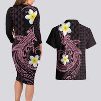 Aloha Hammerhead Shark Couples Matching Long Sleeve Bodycon Dress and Hawaiian Shirt Vivacious Pink Hawaiian Kakau Tribal Tattoo LT9 - Polynesian Pride