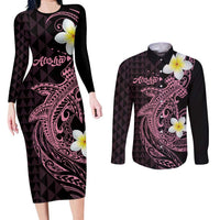 Aloha Hammerhead Shark Couples Matching Long Sleeve Bodycon Dress and Long Sleeve Button Shirt Vivacious Pink Hawaiian Kakau Tribal Tattoo LT9 Pink - Polynesian Pride