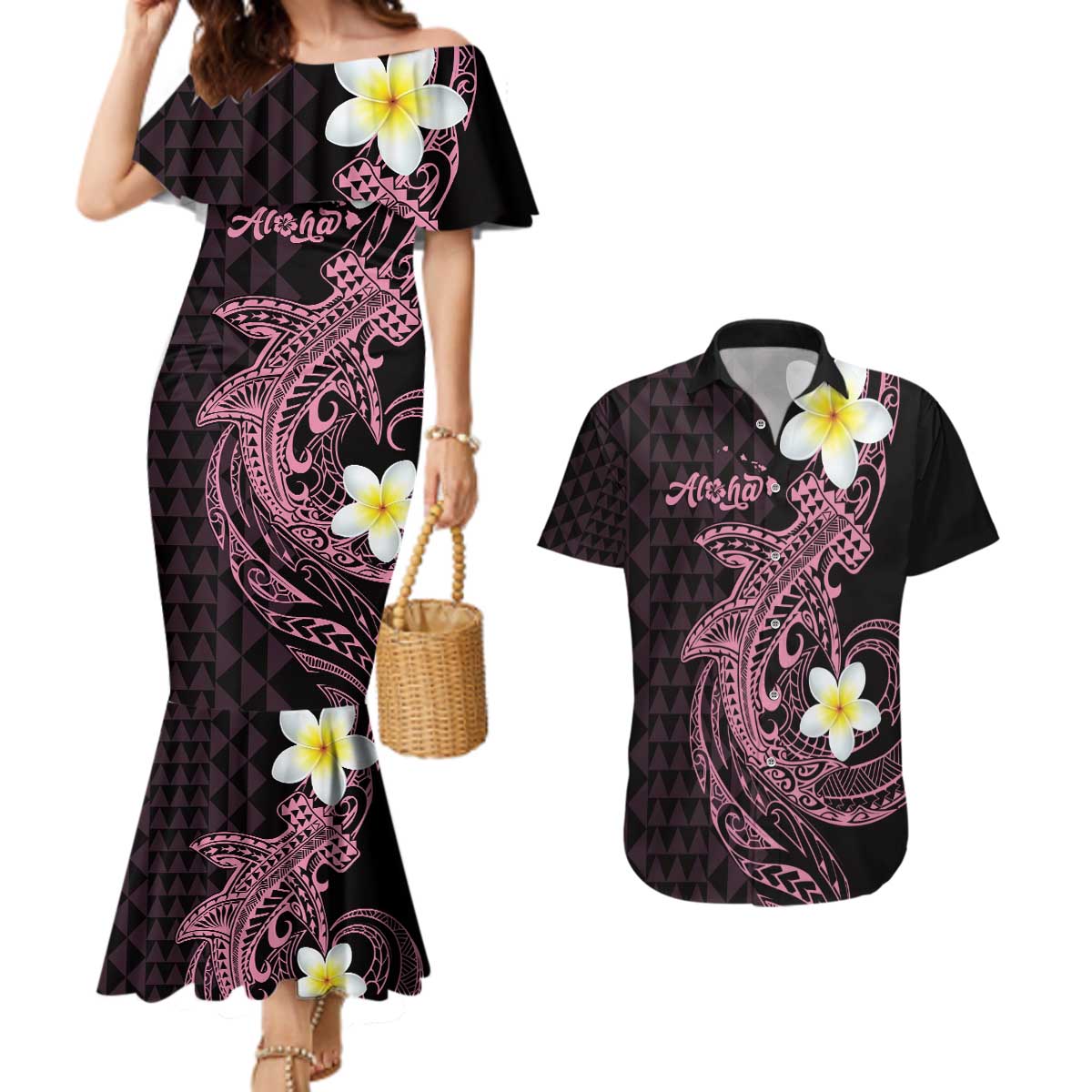 Aloha Hammerhead Shark Couples Matching Mermaid Dress and Hawaiian Shirt Vivacious Pink Hawaiian Kakau Tribal Tattoo LT9 Pink - Polynesian Pride