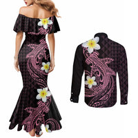 Aloha Hammerhead Shark Couples Matching Mermaid Dress and Long Sleeve Button Shirt Vivacious Pink Hawaiian Kakau Tribal Tattoo LT9 - Polynesian Pride