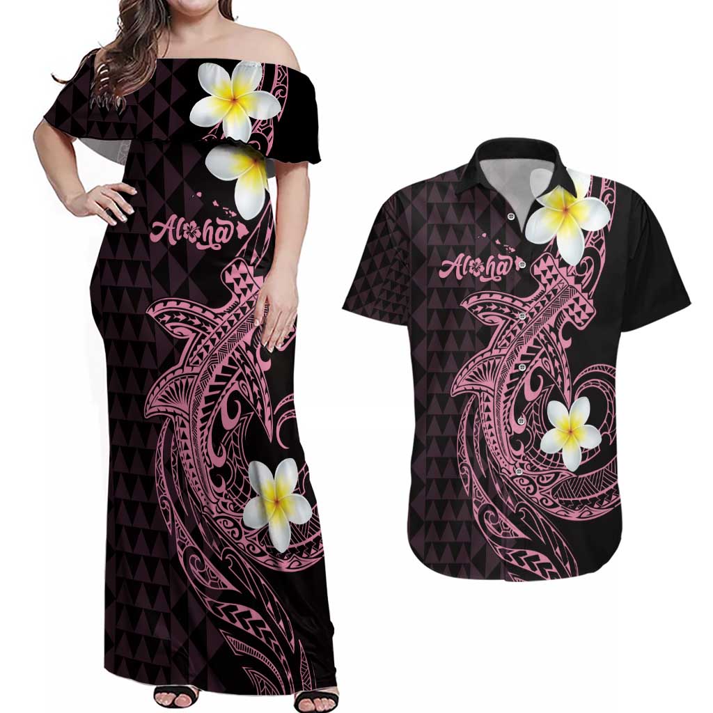 Aloha Hammerhead Shark Couples Matching Off Shoulder Maxi Dress and Hawaiian Shirt Vivacious Pink Hawaiian Kakau Tribal Tattoo LT9 Pink - Polynesian Pride