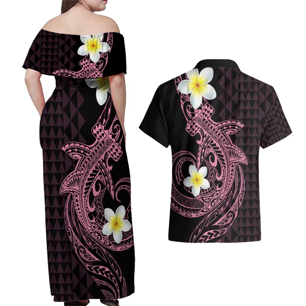 Aloha Hammerhead Shark Couples Matching Off Shoulder Maxi Dress and Hawaiian Shirt Vivacious Pink Hawaiian Kakau Tribal Tattoo LT9 - Polynesian Pride