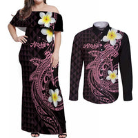 Aloha Hammerhead Shark Couples Matching Off Shoulder Maxi Dress and Long Sleeve Button Shirt Vivacious Pink Hawaiian Kakau Tribal Tattoo LT9 Pink - Polynesian Pride