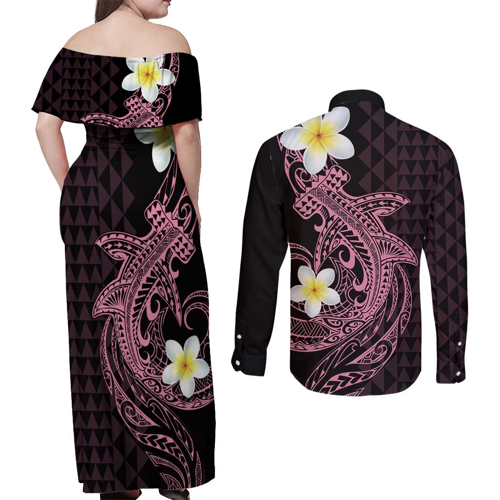 Aloha Hammerhead Shark Couples Matching Off Shoulder Maxi Dress and Long Sleeve Button Shirt Vivacious Pink Hawaiian Kakau Tribal Tattoo LT9 - Polynesian Pride