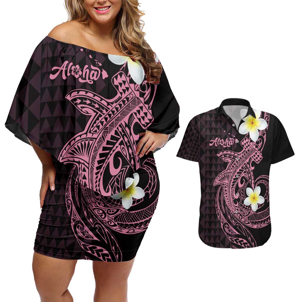 Aloha Hammerhead Shark Couples Matching Off Shoulder Short Dress and Hawaiian Shirt Vivacious Pink Hawaiian Kakau Tribal Tattoo LT9 Pink - Polynesian Pride