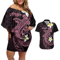 Aloha Hammerhead Shark Couples Matching Off Shoulder Short Dress and Hawaiian Shirt Vivacious Pink Hawaiian Kakau Tribal Tattoo LT9 Pink - Polynesian Pride