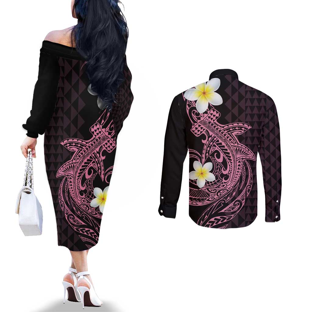 Aloha Hammerhead Shark Couples Matching Off The Shoulder Long Sleeve Dress and Long Sleeve Button Shirt Vivacious Pink Hawaiian Kakau Tribal Tattoo LT9 - Polynesian Pride
