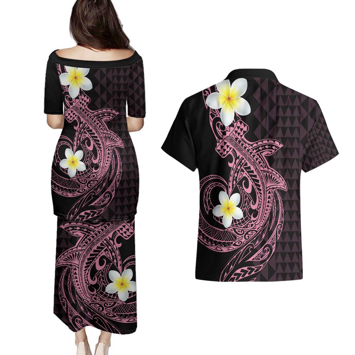 Aloha Hammerhead Shark Couples Matching Puletasi and Hawaiian Shirt Vivacious Pink Hawaiian Kakau Tribal Tattoo LT9 - Polynesian Pride