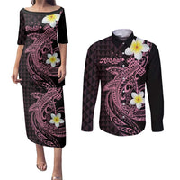 Aloha Hammerhead Shark Couples Matching Puletasi and Long Sleeve Button Shirt Vivacious Pink Hawaiian Kakau Tribal Tattoo LT9 Pink - Polynesian Pride