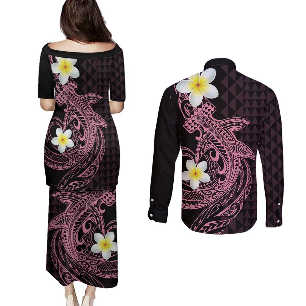 Aloha Hammerhead Shark Couples Matching Puletasi and Long Sleeve Button Shirt Vivacious Pink Hawaiian Kakau Tribal Tattoo LT9 - Polynesian Pride