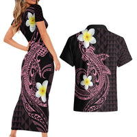 Aloha Hammerhead Shark Couples Matching Short Sleeve Bodycon Dress and Hawaiian Shirt Vivacious Pink Hawaiian Kakau Tribal Tattoo LT9 - Polynesian Pride