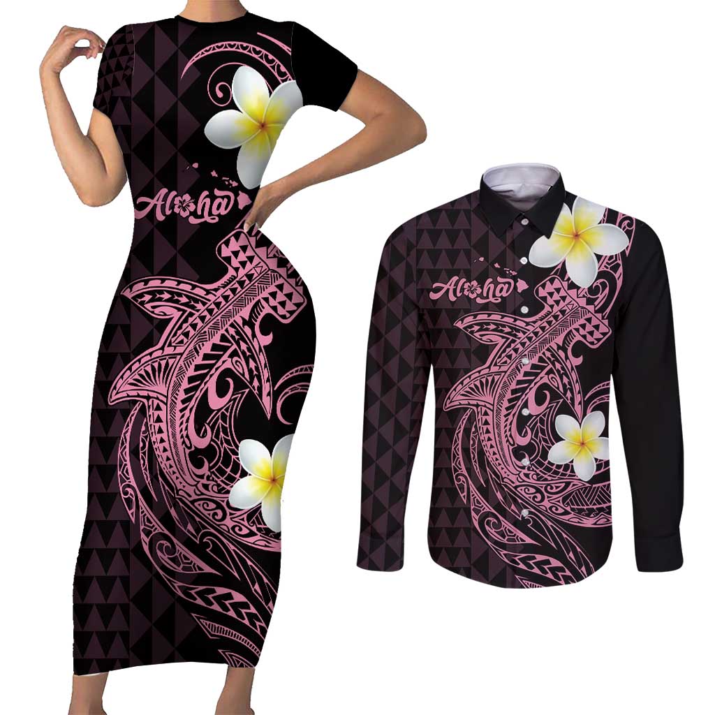 Aloha Hammerhead Shark Couples Matching Short Sleeve Bodycon Dress and Long Sleeve Button Shirt Vivacious Pink Hawaiian Kakau Tribal Tattoo LT9 Pink - Polynesian Pride