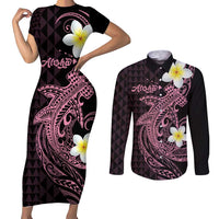 Aloha Hammerhead Shark Couples Matching Short Sleeve Bodycon Dress and Long Sleeve Button Shirt Vivacious Pink Hawaiian Kakau Tribal Tattoo LT9 Pink - Polynesian Pride