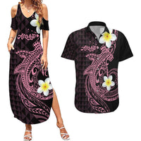 Aloha Hammerhead Shark Couples Matching Summer Maxi Dress and Hawaiian Shirt Vivacious Pink Hawaiian Kakau Tribal Tattoo LT9 Pink - Polynesian Pride