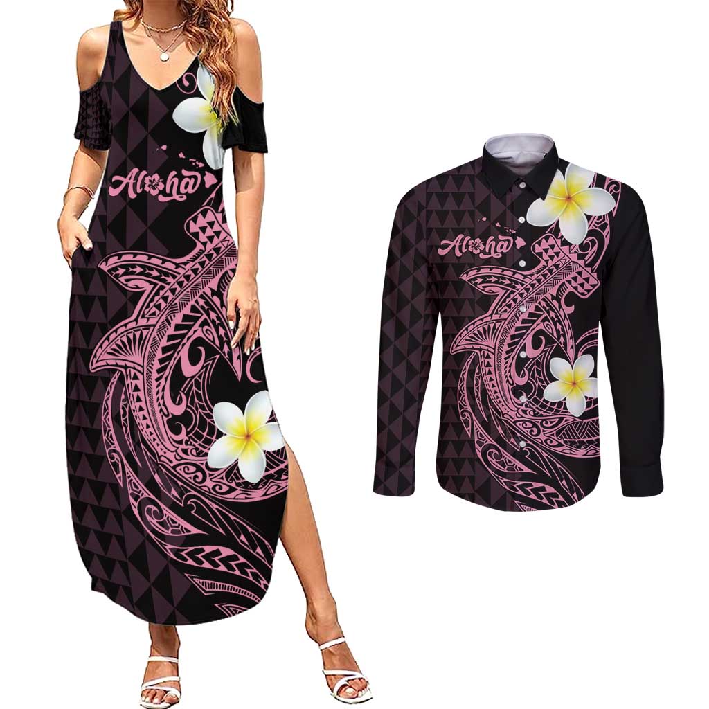Aloha Hammerhead Shark Couples Matching Summer Maxi Dress and Long Sleeve Button Shirt Vivacious Pink Hawaiian Kakau Tribal Tattoo