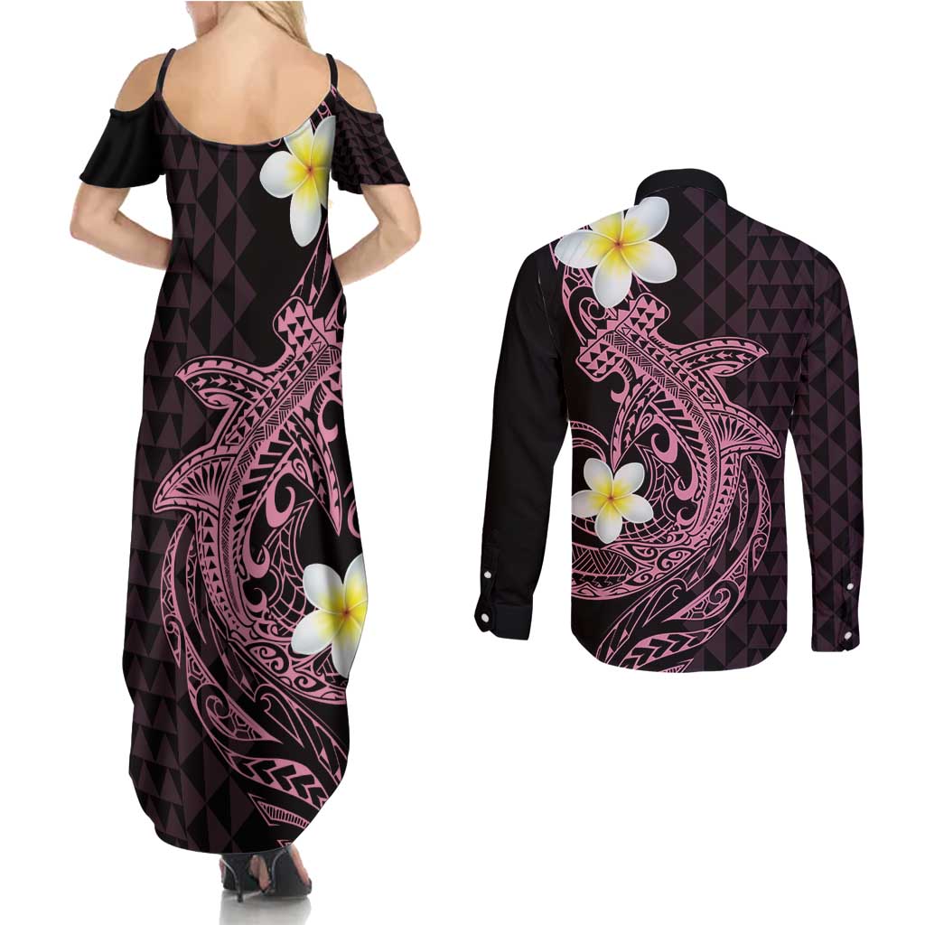 Aloha Hammerhead Shark Couples Matching Summer Maxi Dress and Long Sleeve Button Shirt Vivacious Pink Hawaiian Kakau Tribal Tattoo LT9 - Polynesian Pride
