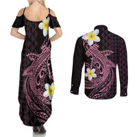 Aloha Hammerhead Shark Couples Matching Summer Maxi Dress and Long Sleeve Button Shirt Vivacious Pink Hawaiian Kakau Tribal Tattoo LT9 - Polynesian Pride
