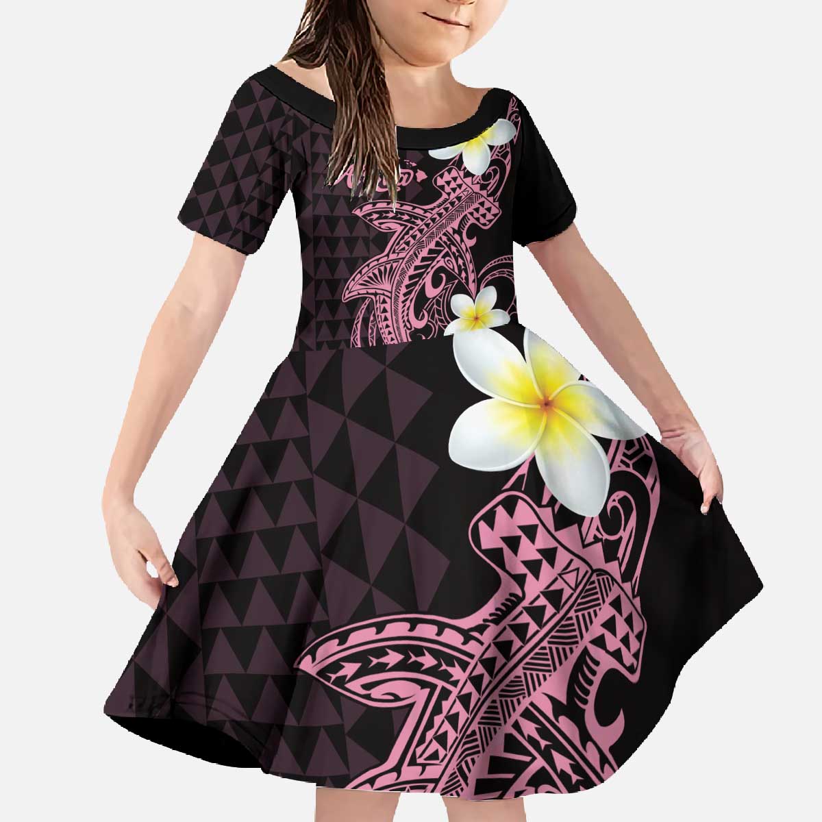 Aloha Hammerhead Shark Family Matching Off The Shoulder Long Sleeve Dress and Hawaiian Shirt Vivacious Pink Hawaiian Kakau Tribal Tattoo LT9 Daughter's Dress Pink - Polynesian Pride