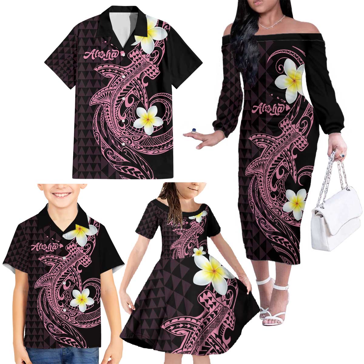 Aloha Hammerhead Shark Family Matching Off The Shoulder Long Sleeve Dress and Hawaiian Shirt Vivacious Pink Hawaiian Kakau Tribal Tattoo LT9 - Polynesian Pride