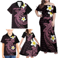 Aloha Hammerhead Shark Family Matching Off Shoulder Maxi Dress and Hawaiian Shirt Vivacious Pink Hawaiian Kakau Tribal Tattoo LT9 - Polynesian Pride