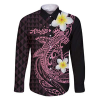 Aloha Hammerhead Shark Family Matching Off Shoulder Maxi Dress and Hawaiian Shirt Vivacious Pink Hawaiian Kakau Tribal Tattoo LT9 Dad's Shirt - Long Sleeve Pink - Polynesian Pride