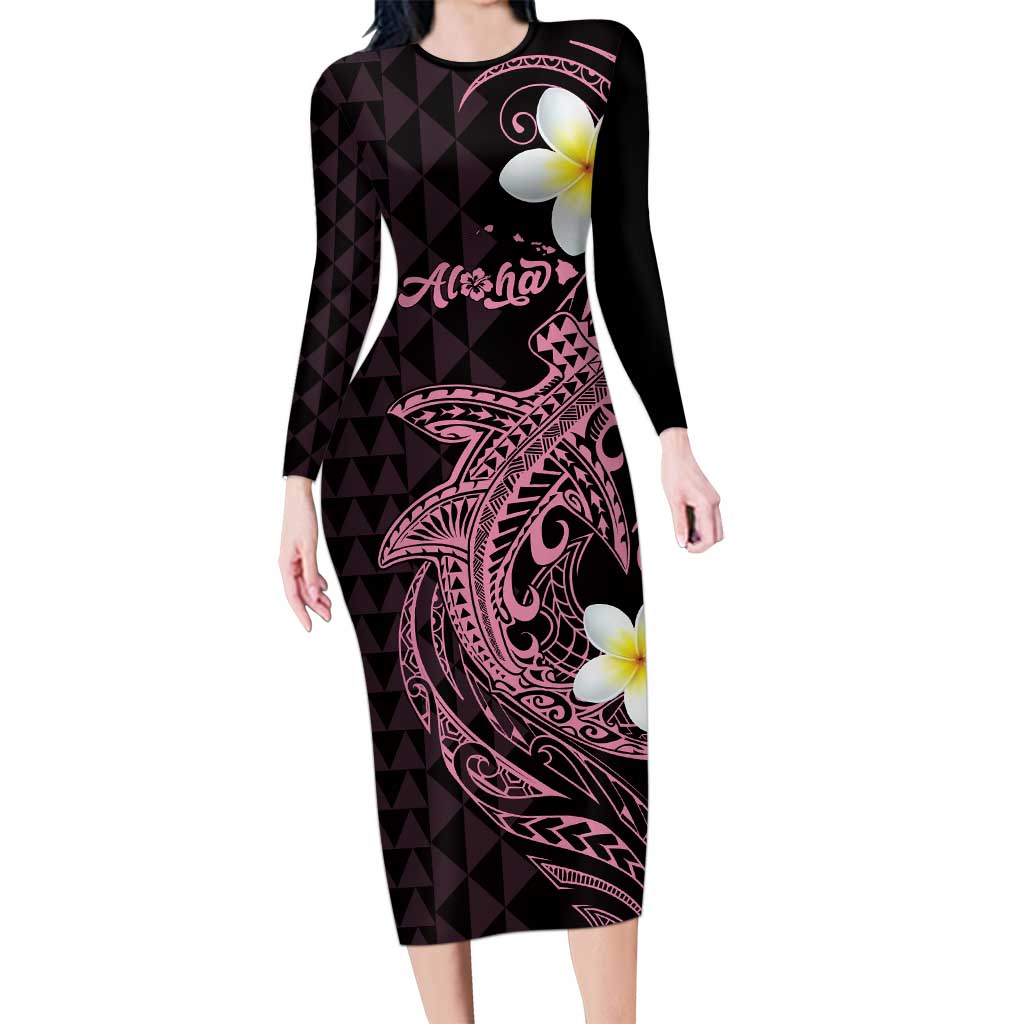 Aloha Hammerhead Shark Long Sleeve Bodycon Dress Vivacious Pink Hawaiian Kakau Tribal Tattoo LT9 Long Dress Pink - Polynesian Pride