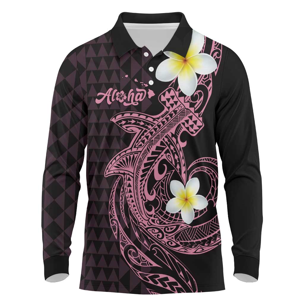 Aloha Hammerhead Shark Long Sleeve Polo Shirt Vivacious Pink Hawaiian Kakau Tribal Tattoo LT9 Pink - Polynesian Pride
