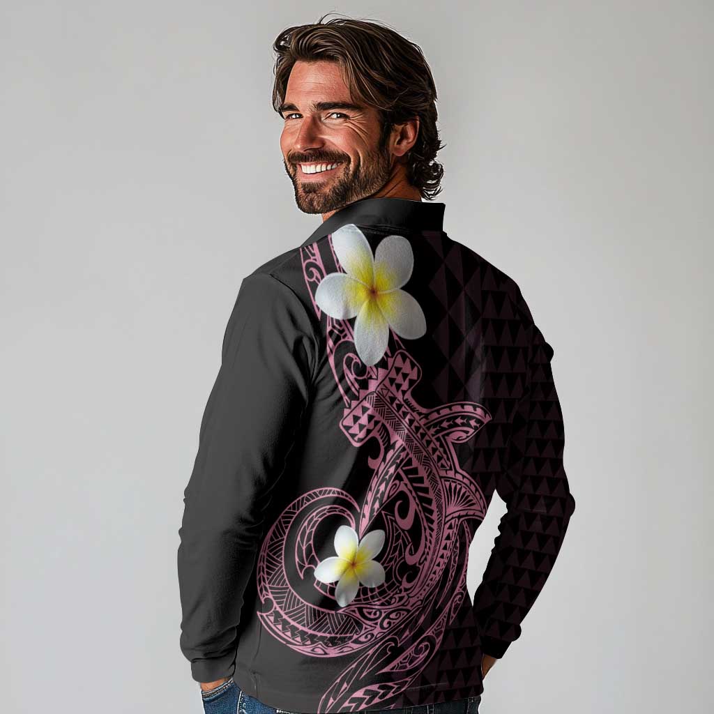 Aloha Hammerhead Shark Long Sleeve Polo Shirt Vivacious Pink Hawaiian Kakau Tribal Tattoo LT9 - Polynesian Pride