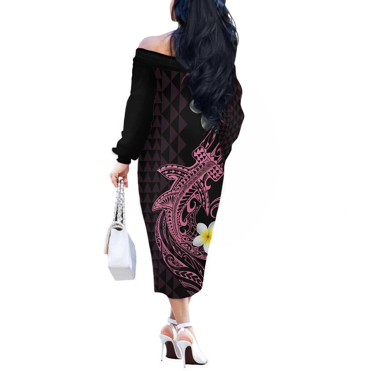 Aloha Hammerhead Shark Off The Shoulder Long Sleeve Dress Vivacious Pink Hawaiian Kakau Tribal Tattoo LT9 - Polynesian Pride